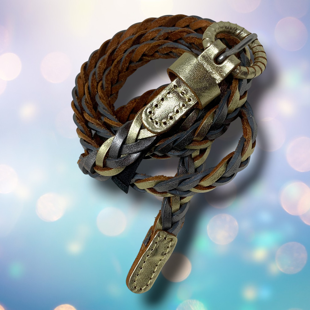 Vintage Y2K Metallic Braided Leather Sz S Skinny Belt Pewter & Gold Tones